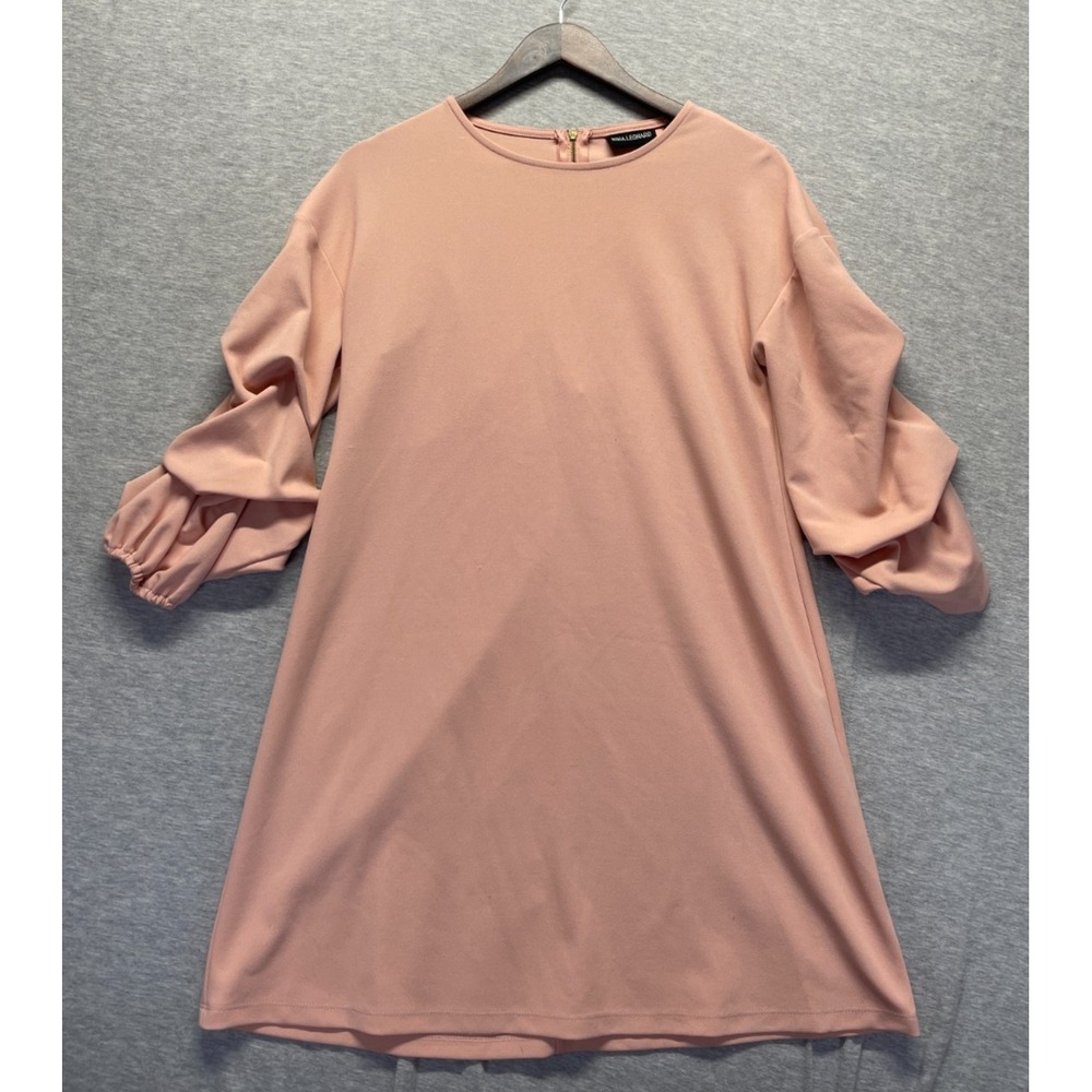 Nina Leonard Shift Dress Womens Small Blush Pink Round Neck Puff Sleeve Back Zip